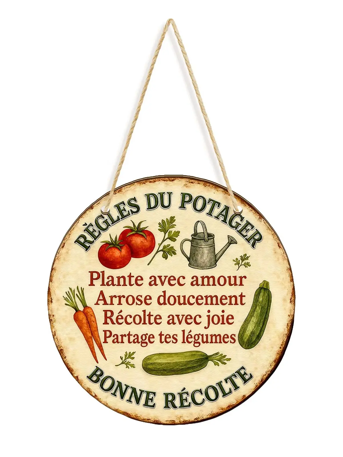 French Country Garden Sign, Vintage Distressed Wood Potager Decor with Jute Rope, Rustic Farmhouse Patio Kitchen Wall Hanging