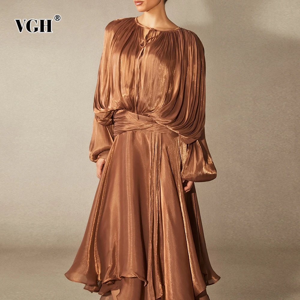 

VGH Loose Solid Temperament Dresses For Women Round Neck Long Sleeve High Waist Autumn Elegant Drsped Dress Female Fashion New