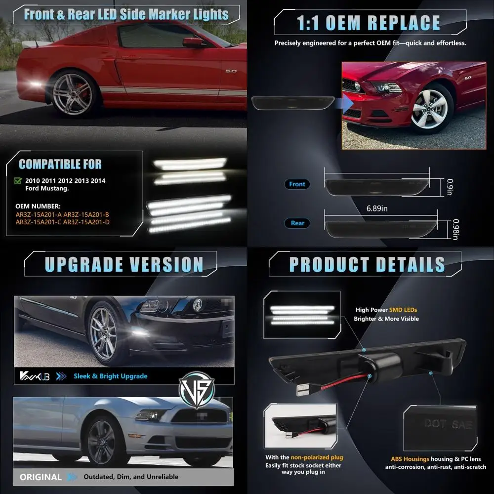 

Ford Mustang 2010-2014 Светодиодные боковые габаритные огни с дымчатыми линзами и белыми ДХО, 4 шт. в упаковке