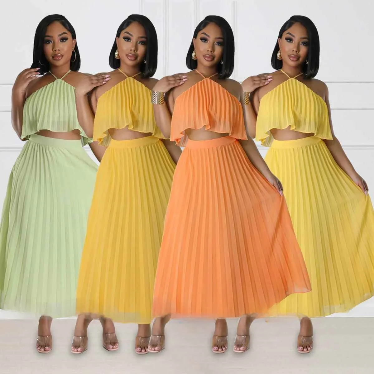 

Sexy Backless Neck Hanging Vest Skirt Set Women's Fashion Spring Collection Sleeveless Gored Paneling Pure Color Two-Piece Set