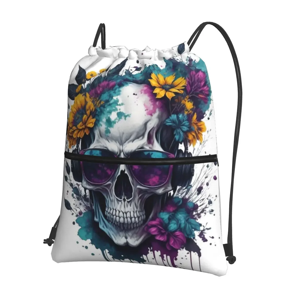 Mochila portátil con calavera de acuarela con flores, bolso con cordón, paquete de bolsillo, bolsas de libros para viajes, hombre y mujer