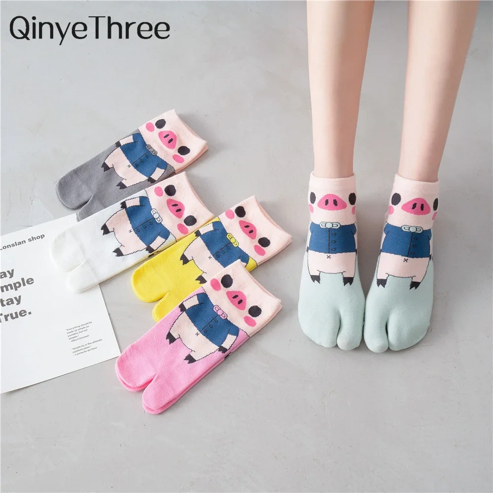 Cartoon Pig Pattern Two-Toe Short Ankle Socks for Girls, Breathable Cozy Cotton, Cute Piggy Chaussette, Dropship, New, Summer