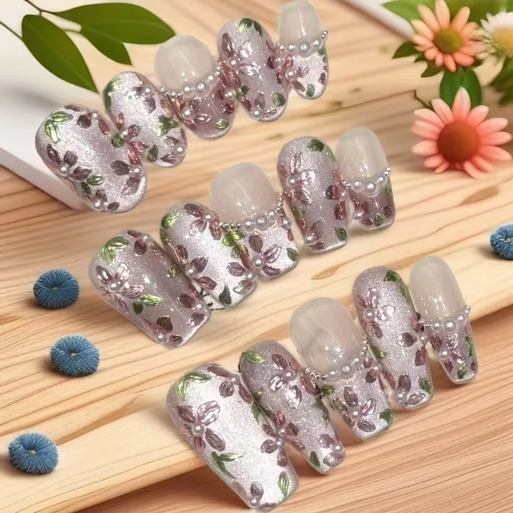 10 Stück blühende Blüten, französische Glasperlen, Katzenauge mit Perlenblumen – eleganter Damenstil mit 4 Stück Werkzeugen, Nagelkleberlaschen