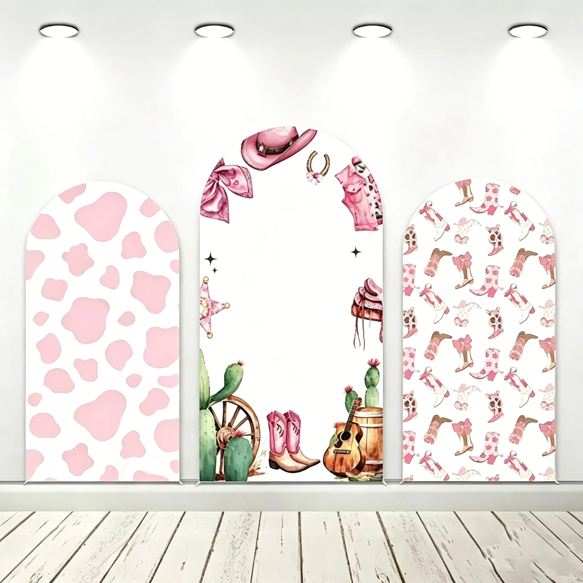 LS Cowgirl First Rodeo Arch Cover Backdrop Pink Cow Print Cactus Background Western Themed Birthday Party Photozone Studio