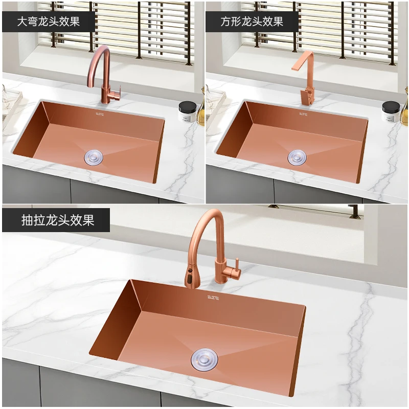 حوض من الفولاذ المقاوم للصدأ 304 فتحة واحدة كبيرة باللون الذهبي الوردي تحت حوض المطبخ الصغير وحوض الماء #4