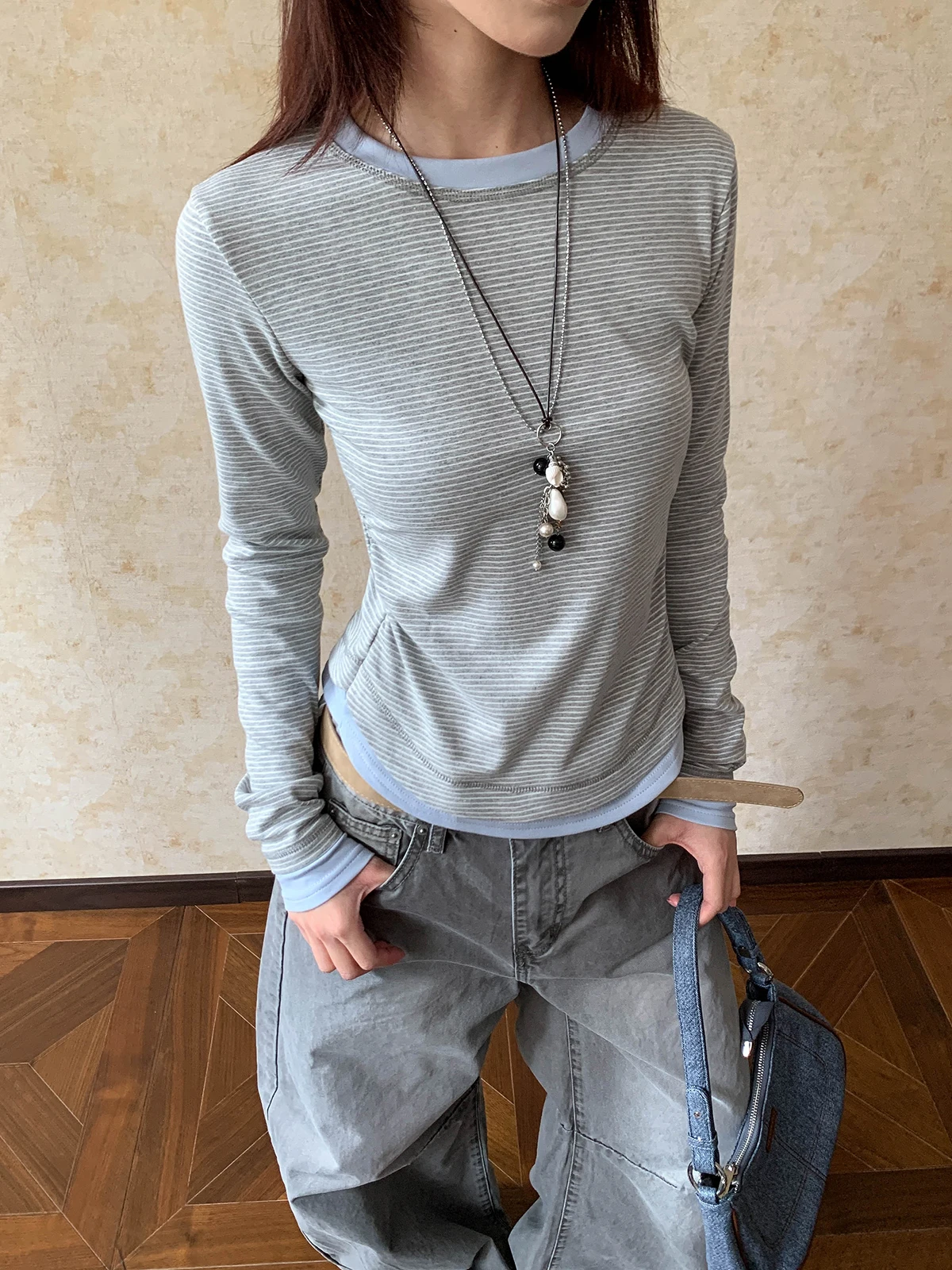 

Slim Fit American Contrast Stripe Long Sve T-irt Women's Inner Wear Outer Wear Aket Street Sle Cotton Polyester Blend