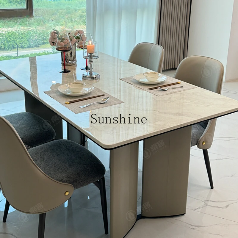 Cream style marble dining table and chairs long square simple modern