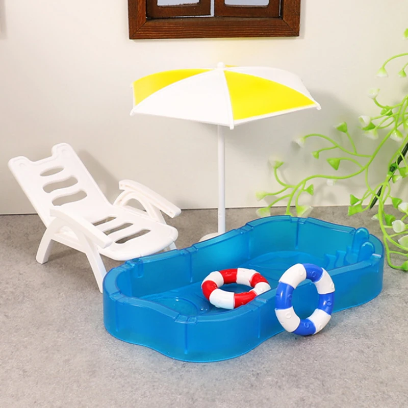 1Set Kinder Spielen Spielzeug Puppenhaus Nette Simulation Mini Schwimmen Pool Schwimmen Kreis Strand Stuhl Kit Modell DIY Dekoration