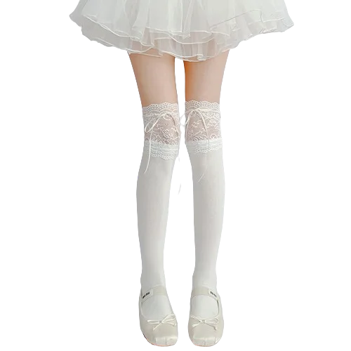 Calcetines Lolita con lazo de encaje para mujer japonesa hasta la rodilla calcetines de tubo alto de encaje atados con cintas calcetines blancos hasta la pantorrilla