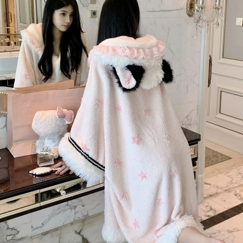 

Winter Women's Pajamas Fleece Thickened Women's Sweet Loungewear Skirt Cute and Youthful Hooded Lounge New Coral Fleece Pajamas