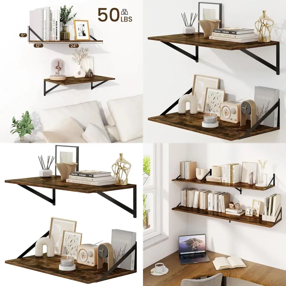 

Set of 2, 24W x 12D Rustic Brown Floating Shelves, 12 Deep for Home Decor