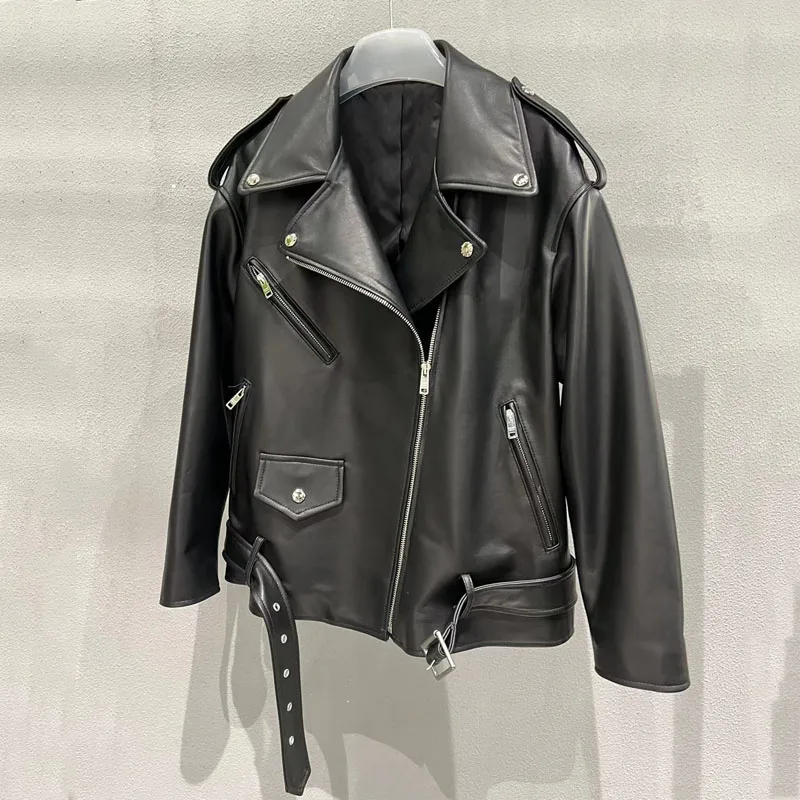 Genuine Leather Jacket With Belt Short Length Moto & Biker Coat Spring Women Drop-Shoulder Real Sheepskin Turn-Down Collar