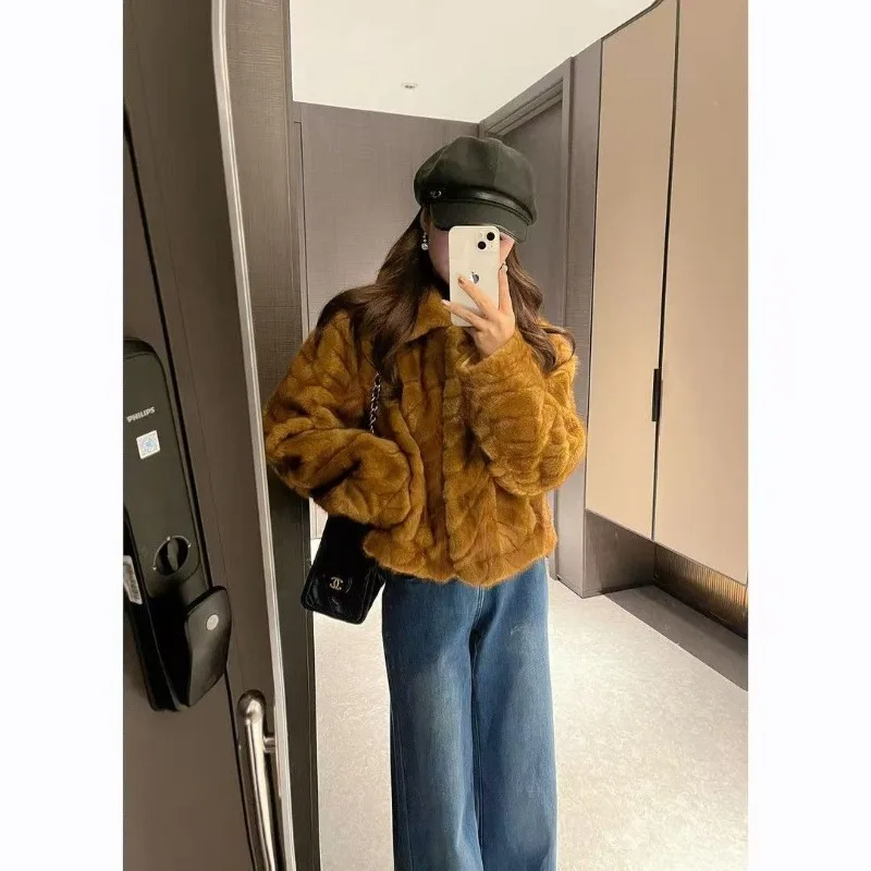 

Winter Gold Leaf Mink Imitation Fur Jacket Short Season Old Money Style Real Woman High-end Sense Noble Sweet Fashion Warm Trend