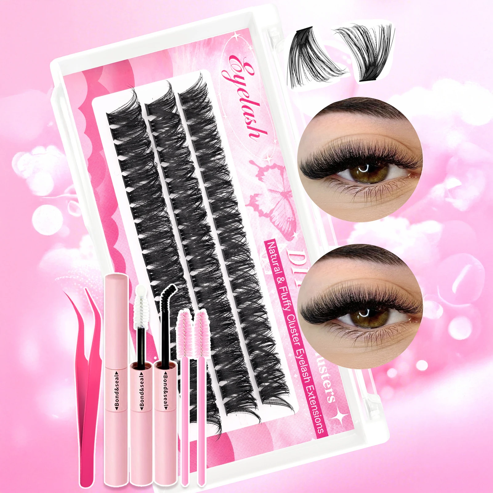 まつげクラスターキット DIY 厚めの個別まつげ ラッシュボンド＆シール＆リムーバー フェイクミンクまつげエクステ ピンセットブラシセット