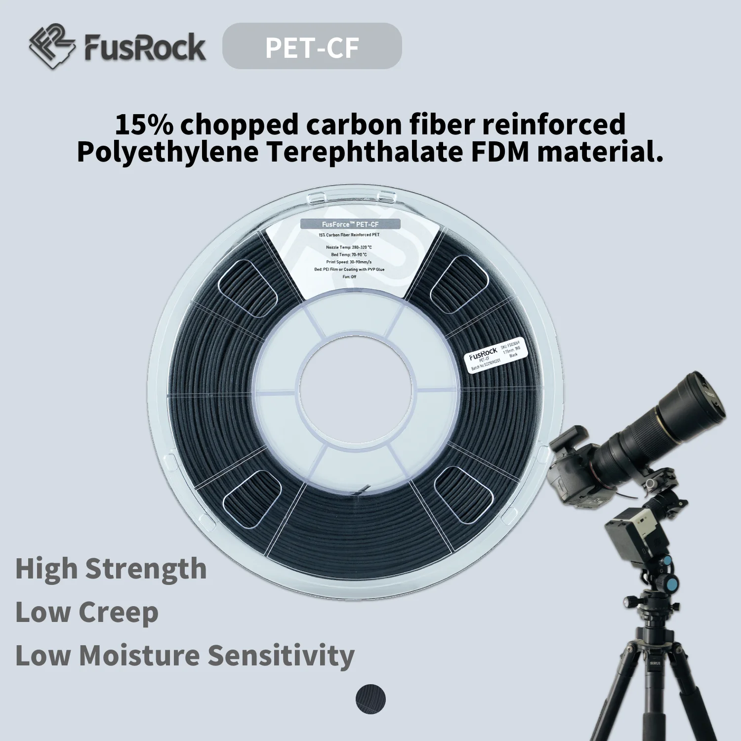 

FUSROCK PET-CF carbon fiber reinforced 3D printing Filaments 15% chopped carbon fiber reinforced Polyethylene Terephthalate