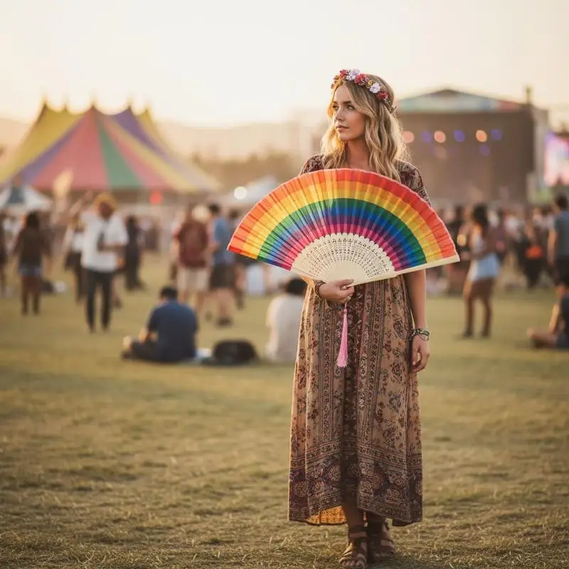 Large Foldable Rainbow Hand Fan Portable Spanish Style Folding Handheld Fan for Costume Party Travel Cooling Use Women