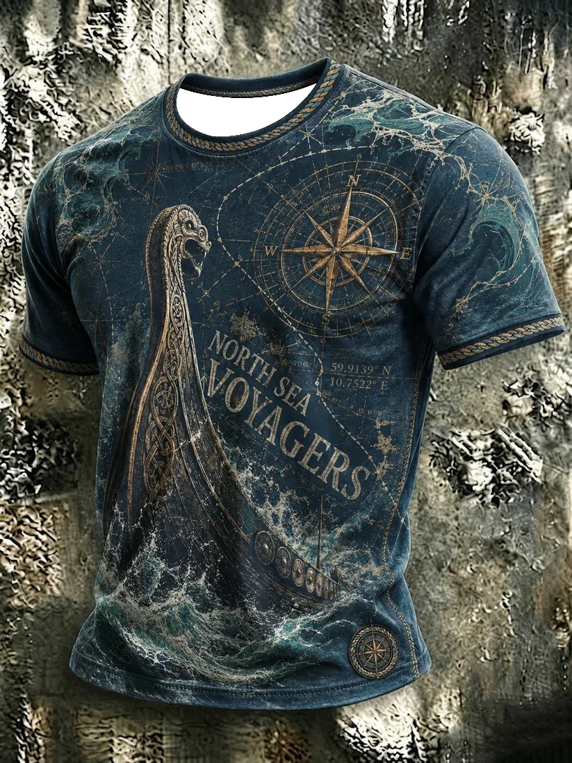 2027 Summer New Style Outdoor Men's Retro Danish Viking Style 3D Printed Breathable Quick-Drying T-Shirt Family Size Shirt Kids