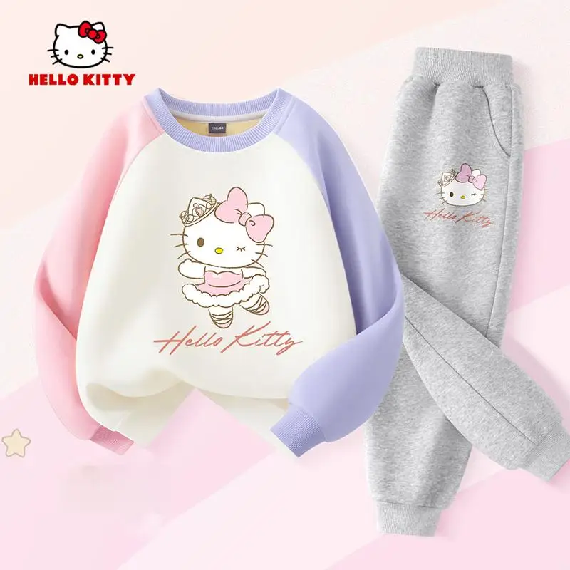 

Sanrio Hello Kitty Girl Thickening Suit Fall Tops Pants Two-Piece Set Comfort Keep Warm Kawaii Cartoon Children Clothing New Hot
