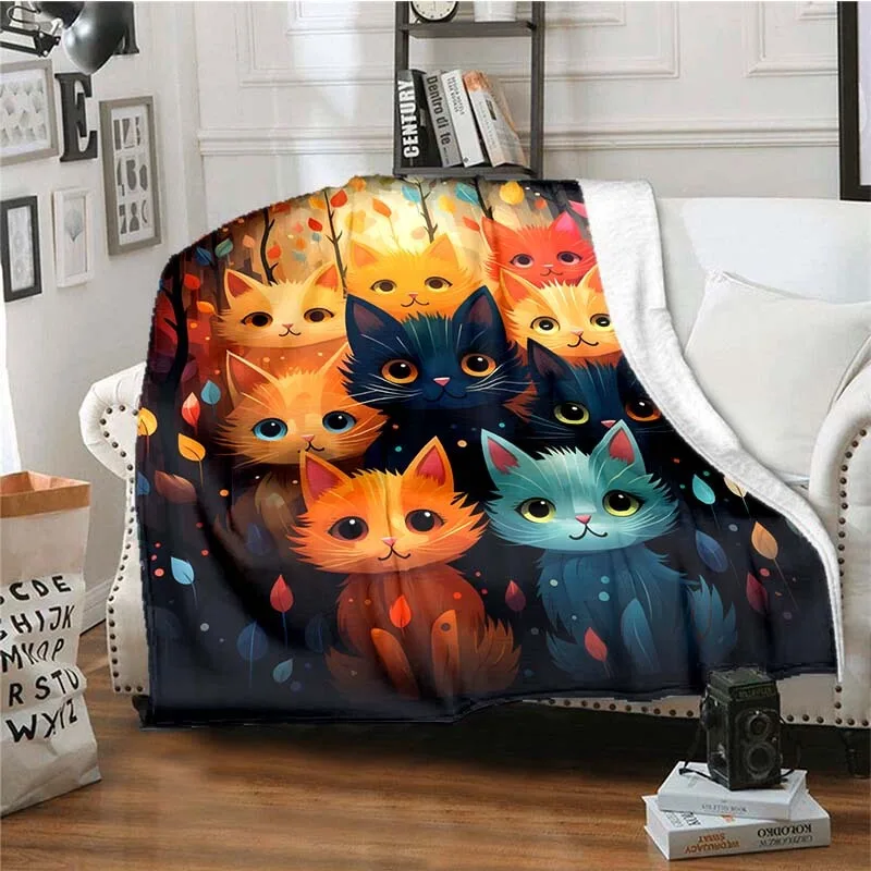 Colorful Cute Cats Blanket For Home Lightweight Flannel Throw For Sofa Bed Travel Camping Livingroom Office Couch Chair