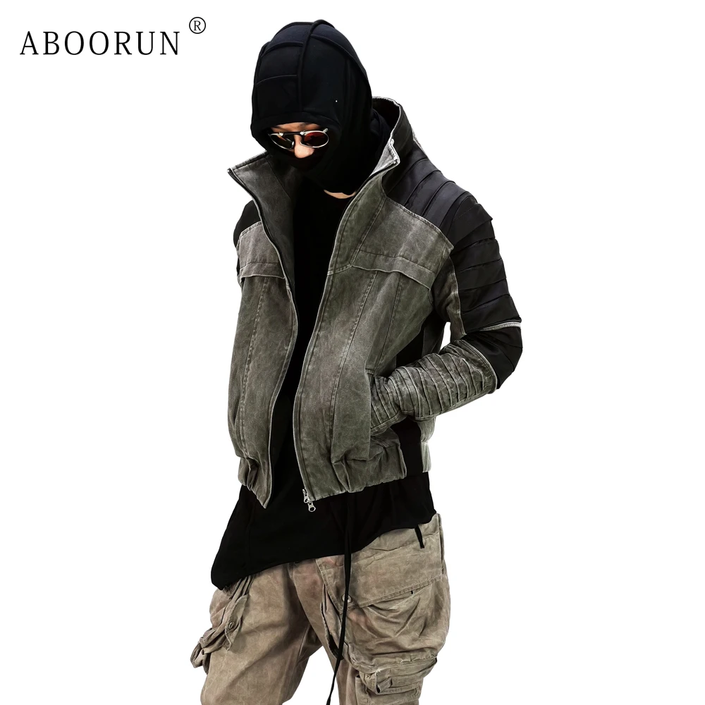 ABOORUN Wasteland Culture Men's Pleated Patchwork Jackets Streetwear Padded Coats for Male