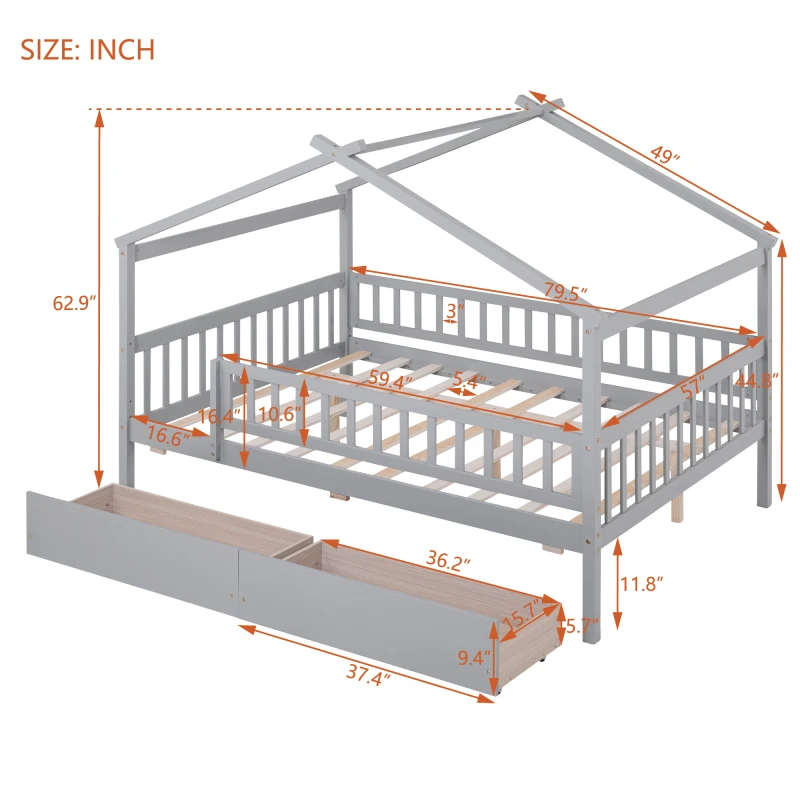 Letto casetta in legno a grandezza naturale con due cassetti, grigio