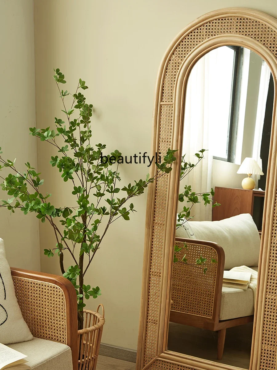 ss newRetro Natural Real Rattan Woven Full-Length Mirror Full Body Floor Home Bedroom B & B Simple Modern