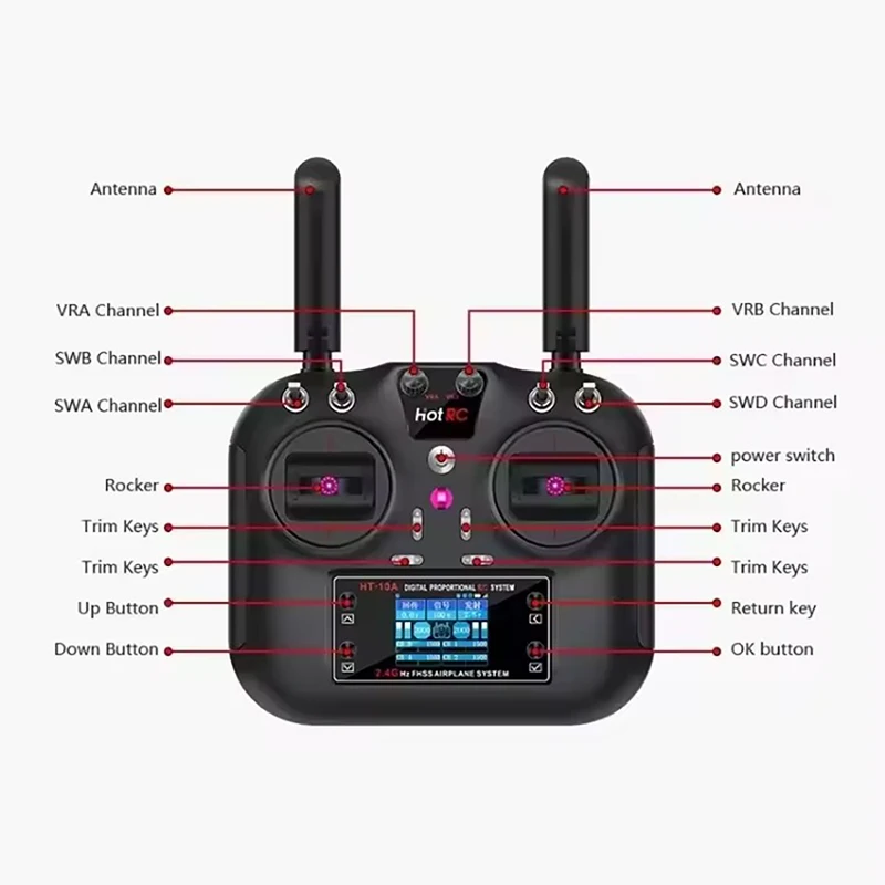 HOTRC HT-10A 10CH 2.4Ghz Transmitter Remote Controller With F-10A Receiver For RC Aircraft Boat Drone Toy Car