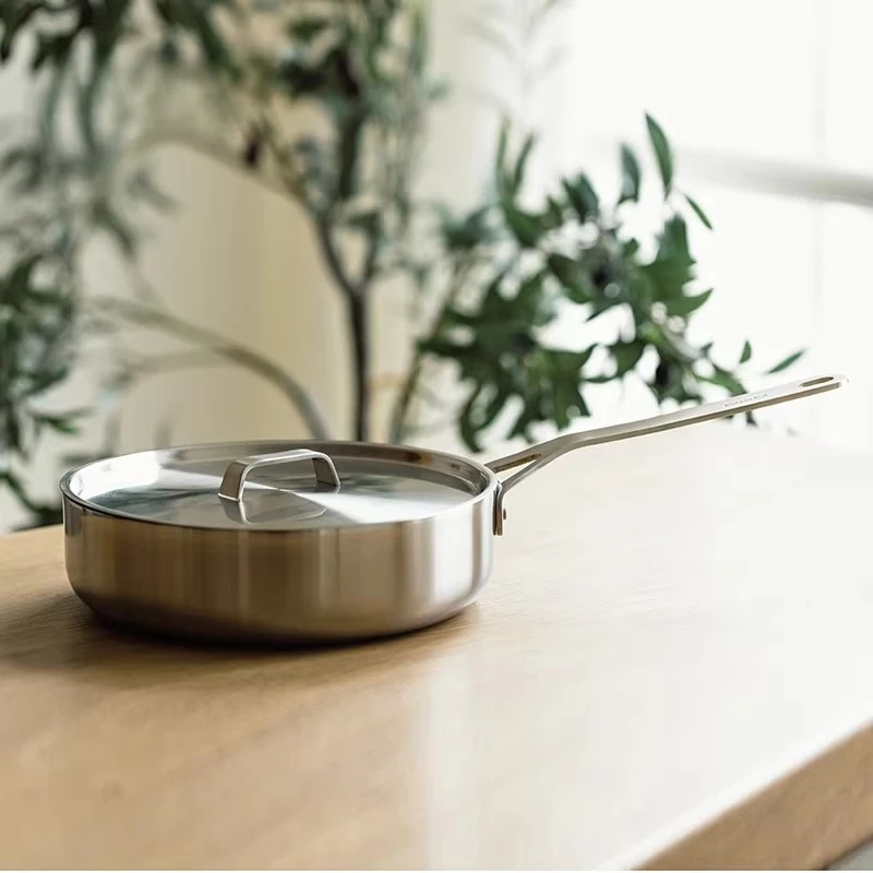 24cm Stainless Steel Nonstick Frying Pan Deep Saute Pot with Lid French Style Induction Kitchen Cookware Anti-scald Cooking Pans