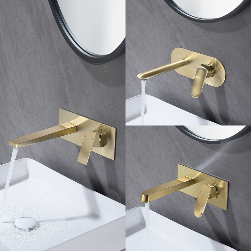 

Hotel bathroom light luxury brushed gold wall mounted faucet, washbasin wall outlet concealed all copper faucet