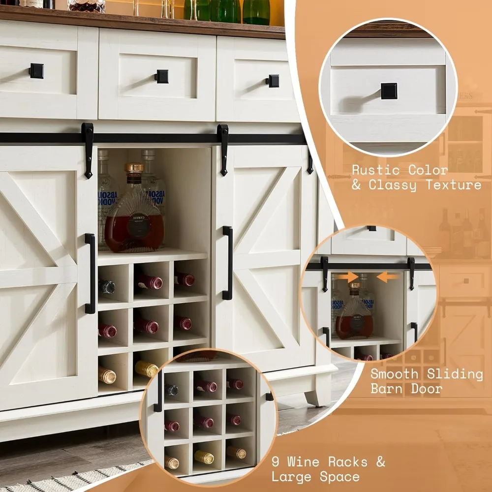 Armadietto da bar per caffè e vino in stile fattoria 72 con anta scorrevole per fienile, portaoggetti per buffet da cucina, 3 cassetti, illuminazione a LED