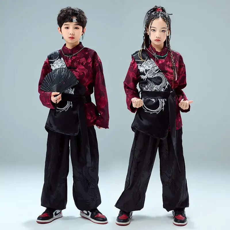 2025 Chinese Ancient Knight-errant Kung Fu Clothing Children's Cool Street Dance Style Wushu Set Martial Arts Performance Outfit