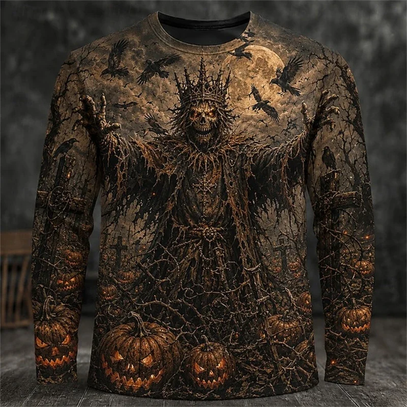 2026 New Men's Halloween-Themed Round-Neck Long-Sleeve T-Shirt with Spooky Wizard Skull Print Men's Holiday Party Top