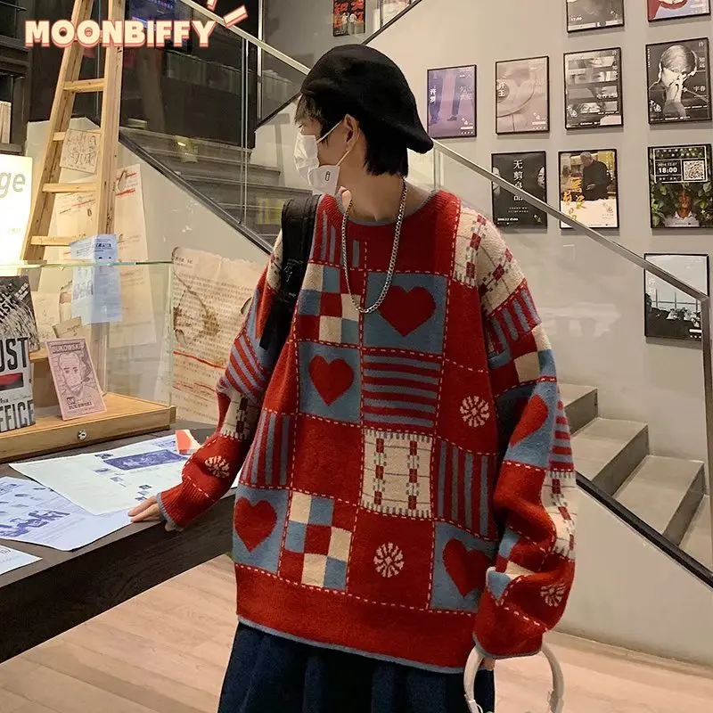 

Harajuku свитер с графическим рисунком в форме сердца, мужской уличный свитер в стиле хип-хоп, осенний пуловер большого размера, свитер для мужчин, модные свитера свитер