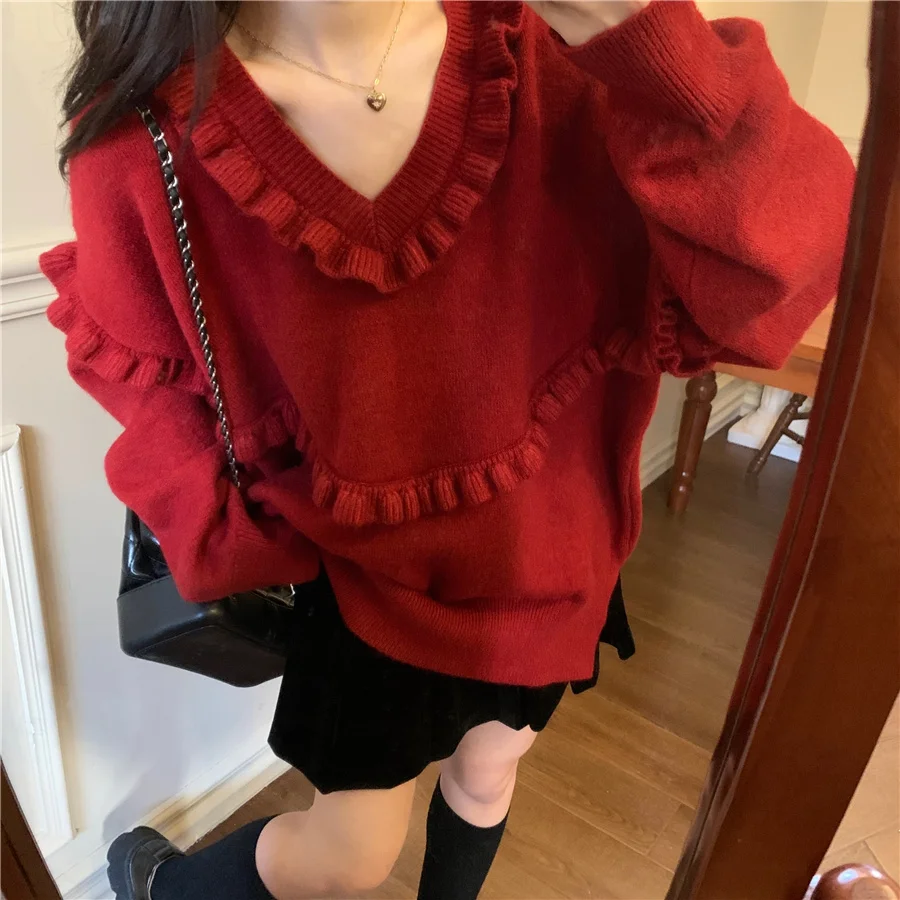 Christmas Sweater Retro Japanese Wood Ears V-neck Long-sleeved Loose Soft Thick Pullover Women's Winter Long Casual Sweater Top