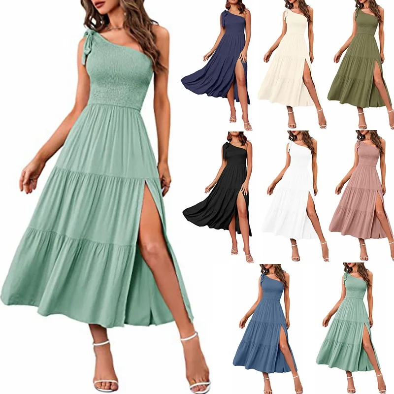 Women Sexy One Shoulder Dress Long Pleated Split Dress Elegant Party Wedding Dress New Fashion Summer Sleevelees Casual Dress