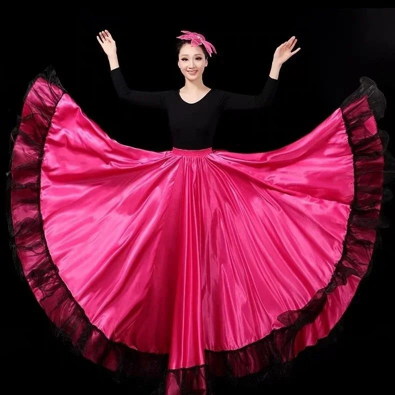 Women Spanish Paso Doble Flamenco Skirt Smooth Big Swing Lace Stitching Carnival Party Ballroom Gypsy Belly Dance Costumes