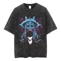 Anime Men's Vintage Washed Cotton T Shirt Streetwear Anime Solo Leveling Graphic Print Tops Harajuku Loose Short Sleeve Tees