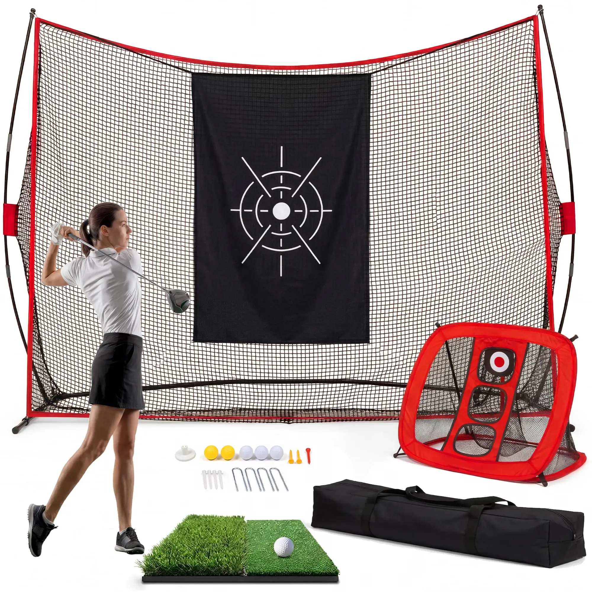 Filet de golf 10 x 7 pieds, durable, 5 couches, pour entraînement de golf, amélioration de la précision de chipping, avec poteaux, tapis, balles, tees et sac, pour usage en extérieur et en intérieur