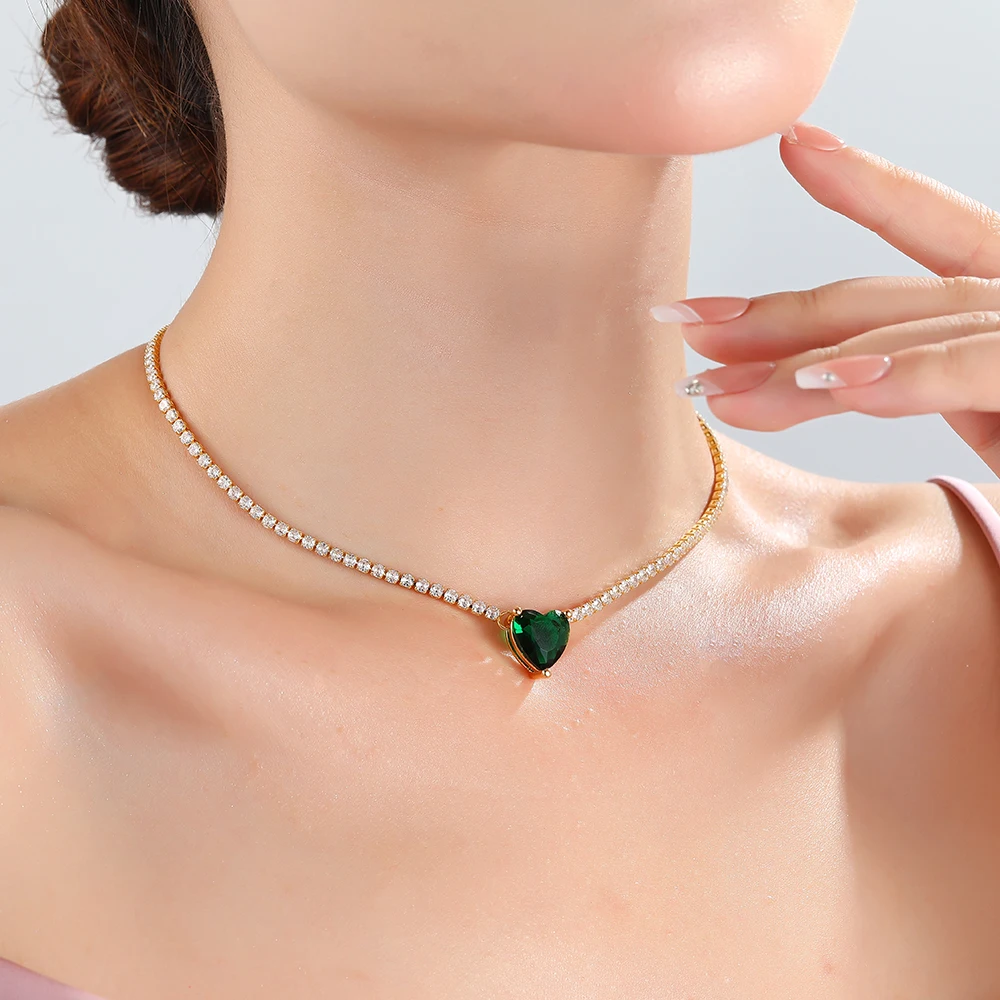 Fashion Pink Heart Zircon Necklace For Women Girls Silver Color Shiny Love Clavicle Tennis Chain Necklaces New Trend Jewelry
