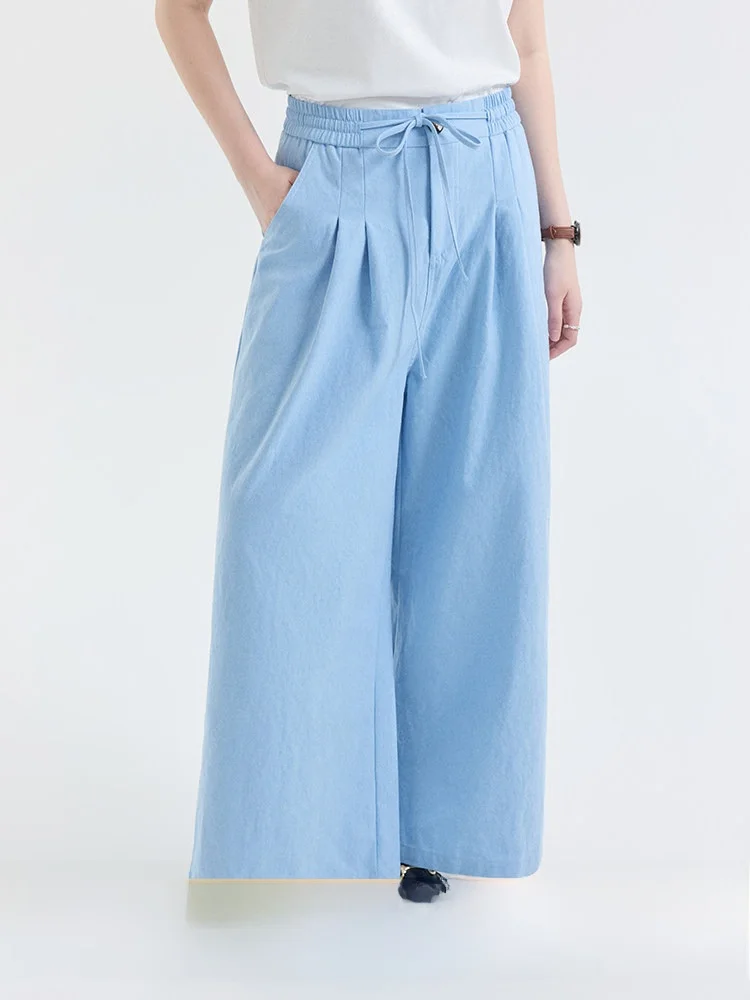 

AMUU, синие повседневные брюки в корейском стиле с эластичной резинкой на талии, широкие брюки свободного кроя для женщин, новые летние длинные брюки с карманами