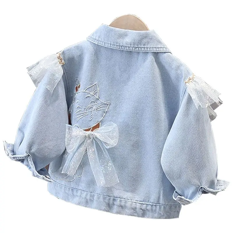 Spring Fall Fashion Girls Denim Jacket Falbala Full Sleeve Cartoon Cat Embroidery Casual Toddler Girl Lace Bow Jean Tops Outwear