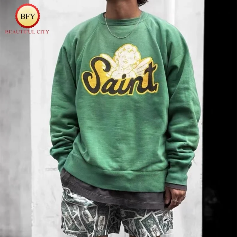 Industrial Wash Green SAINT Cracked Printed Pattern Vintage Sweatshirt Fall Winter Fashion Clothing Mens Womens