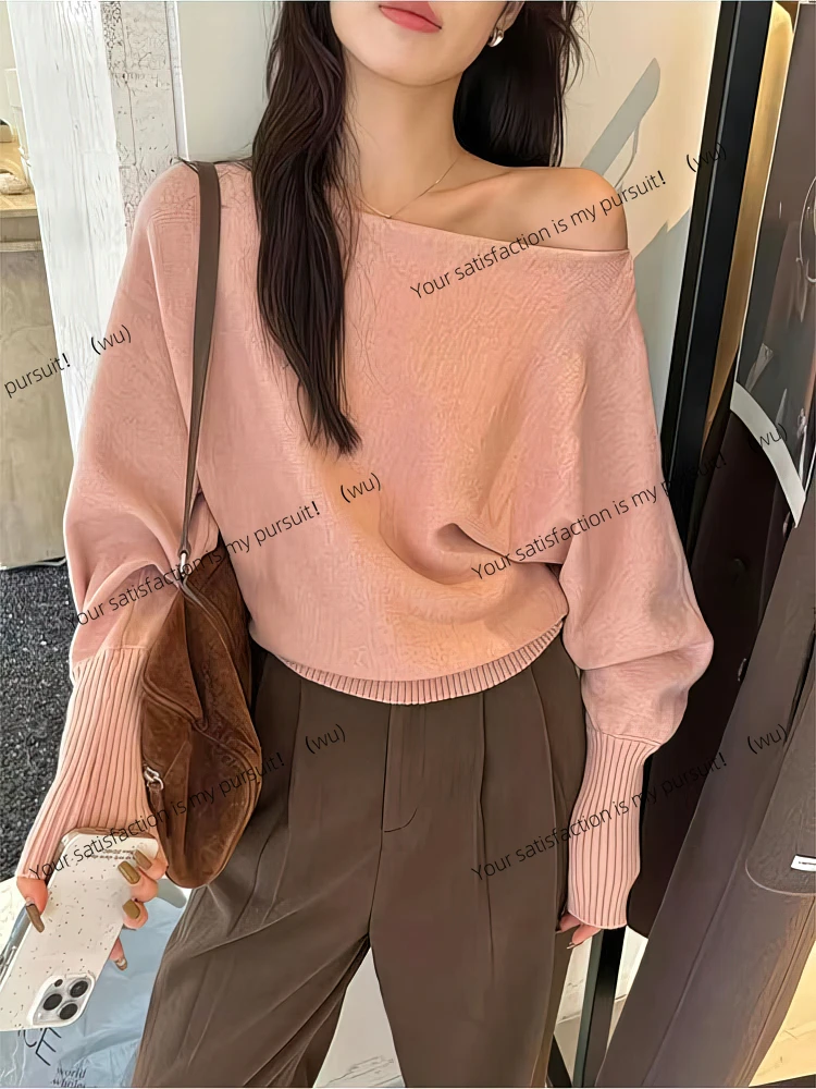 ZOCI-Women's Bat Wing Long Sleeve Knitted Sweater, Off-Shoulder Top, Korean Fashion Sweater, Loose Casual Autumn Clothing