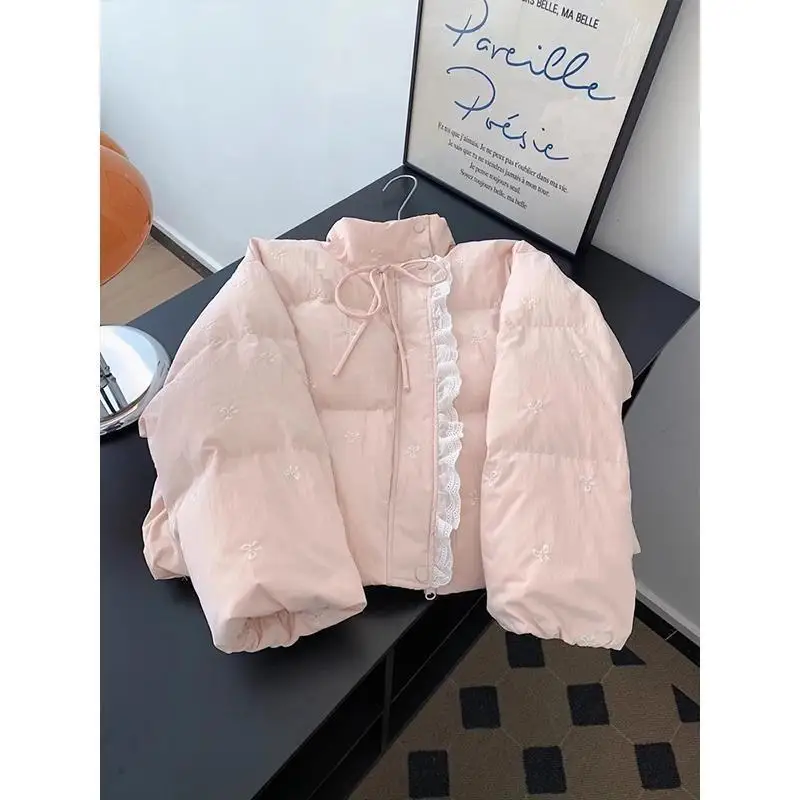 

Women's Coat winter autumn Jacket Outerwear Warm Fleece Lined Pink Simple Commuter Short Bow Embroidery Puffer Coat