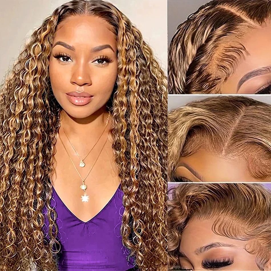 Double Drawn Highlight Water Wave Lace Front Wig Malaysia Human Hair 250% Density P4/27 Transparent Blonde Curly Wigs Preplucked