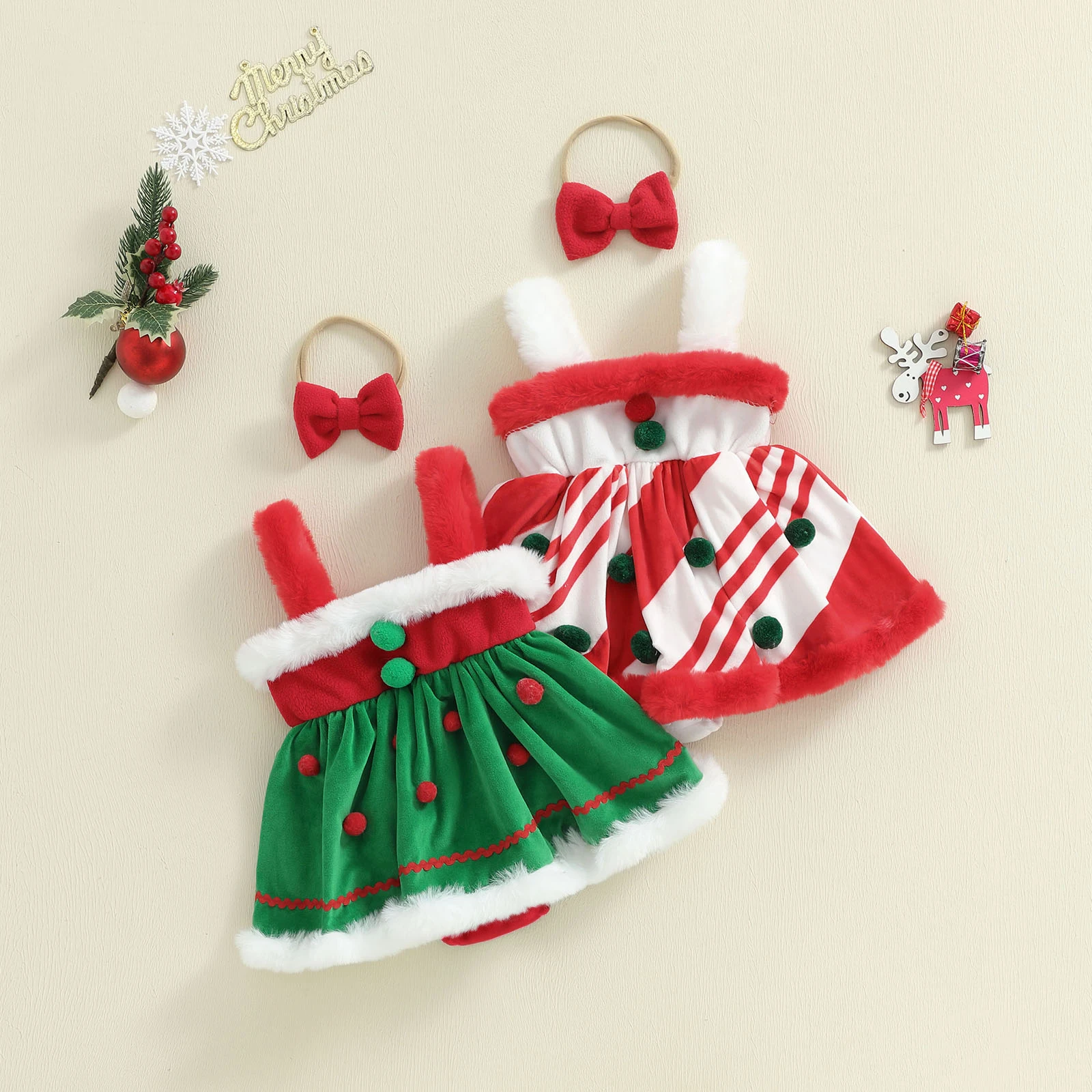 Baby Girl Christmas Outfit Long Sleeve Square Collar Gingerbread Man Romper Dress Bow Headband 2 Piece Set