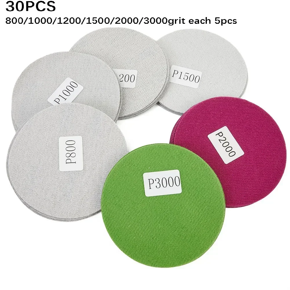 30Pcs Wet/Dry Sandpaper Round Hook And Loop Sanding Disc 2/3/4/5/6 Inch Sander Paper 800 1000 1200 1500 2000 3000 Grit