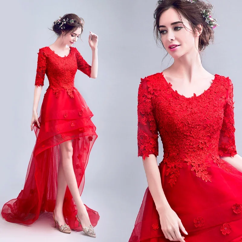 Het is YiiYa Aangepaste Avondjurk Rode Applicaties O-hals Halve Mouwen Lace up Hoog Laag Plus size Vrouw Party Formele Gown E202