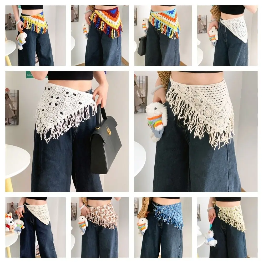Foulard a triangolo lavorato a maglia con turbante bohémien, grembiule con scialle colorato, fascia avvolgente con fascia in vita stile etnico con frange, estate