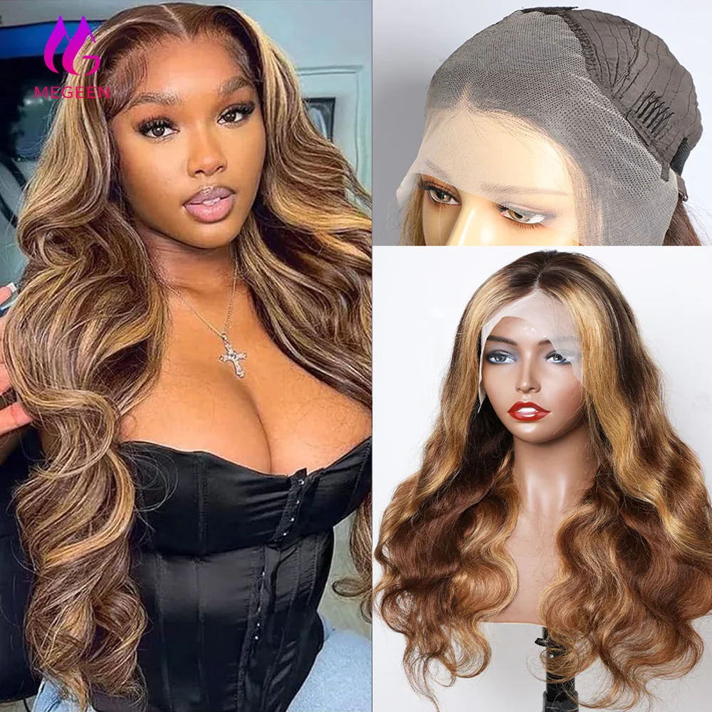 

Megeen парики с волнистыми волосами 13X 4, парик со шнуровкой спереди, прозрачный парик спереди со шнуровкой P4/27, подчеркивающие натуральные волосы, медовый, светлый, с эффектом омбре, цветной парик